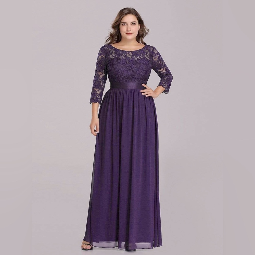 Ever Pretty Long Lace Sleeve Formal Evening Gown in Purple, Size 12.